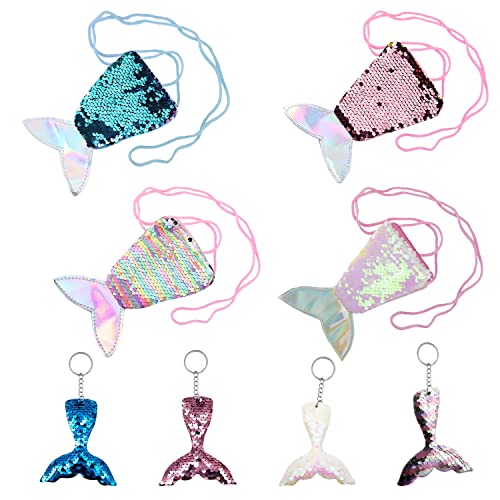 Fishtail Set Accessori, 4 Pezzi Di Sacchetto Di Coda Di Pesce, Portafoglio Di Paillettes, Borsa Messenger; Con 4 Portachiavi Sirena; Regalo Di Complea