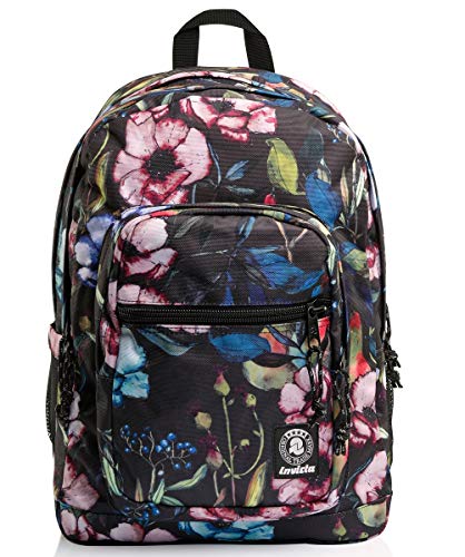 Invicta Zaino Scuola Jelek, Nero Fantasia Fiori, Zaino Doppio Scomparto Con Tasca Porta Pc, Tasche Porta Borraccia, Doppia Tasca Frontale, Tasca Con O