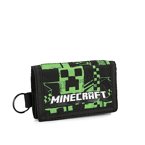 Minecraft - Portafoglio E Portamonete 3 Ante, Unisex Bambini E Ragazzi, Anella Portachiavi E Porta Monete Con Chiusura Zip, Verde, Cm 13,5X9,5H