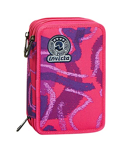 Invicta S.P.A. Astuccio 3 Scomparti, Street Jungle, Rosa, Completo Di Matite, Penne, Pennarelli, Fucsia, Taglia Unica