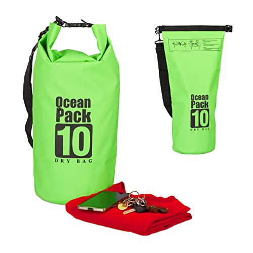 Relaxdays 10022783_53 Zaino Impermeabile Ocean Pack 10 L Borsa Stagna Dry Bag Sacca Ultraleggera Per Kajak Vela Sci Verde