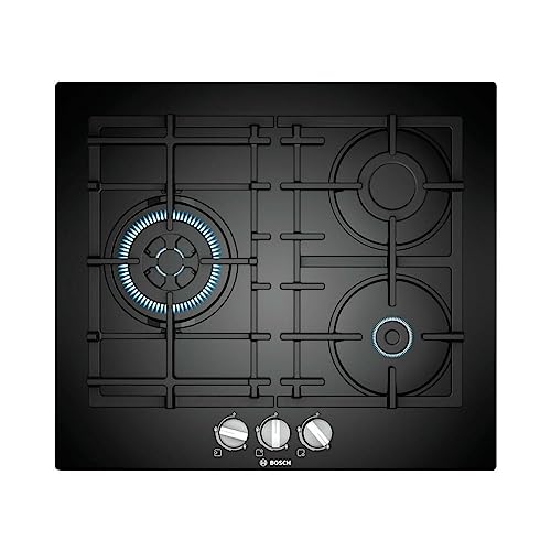 Bosch Pnc6B6B90 Encimera Gas Encastrable 60 Cm. 3 Quemadores Cristal Templado Negro Wok De 3,3 Kw. Gasstop Parrillas Hierro Fundido Autoencendido Eléc