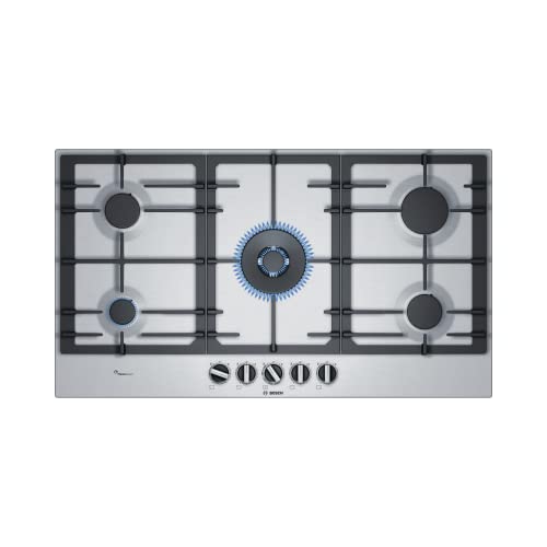 Bosch Pcr9A5B90 Serie 6, Piano Cottura A Gas, Flameselect: Regolazione Con Nove Livelli Di Potenza Predefiniti, Wok, Griglie In Ghisa, Acciaio, 90 Cm