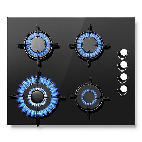 Sndoas Piano Cottura 4 Fuochi Gas, Piano Cottura Gas Vetro Con Protezione Automatica Della Fiamma, Gas Naturale E Gas Propano, Incorporato, Nero, 8000