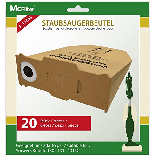 Mcfilter | 20 Sacchetti Per Aspirapolvere Adatti Ai Modelli Vorwerk Kobold 130, 131 E Sc, Disco Di Copertura Extra Resistente Con Guarnizione In Gomma