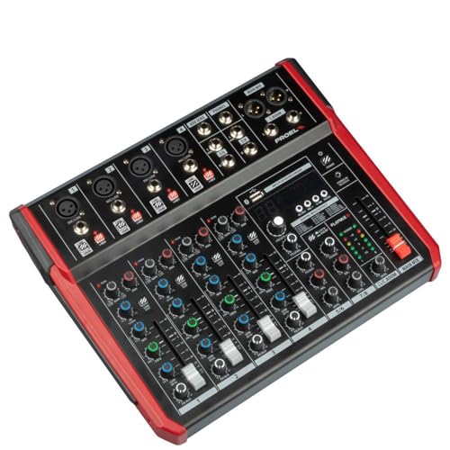 Proel Playmix8 - Mixer Audio A 8 Ingressi Con Modulo Bluetooth, Lettore Mp3 E Registrazione Stereo Su Usb, Nero Rifiniture In Rosso