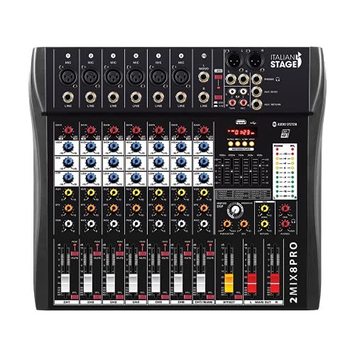 Italian Stage Is 2Mix8Pro - Mixer Audio Stereo 8 Canali + Dsp Multi Fx, Lettore/Registratore Usb Integrato E Bluetooth, Nero