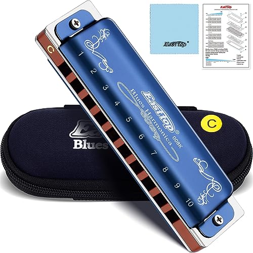 East Top Armonica A Bocca Diatonica, 10 Fori 20 Toni 008K Diatonic Blues Armonica A Bocca Key Of C Con Custodia Blu, Armonica Standard Per Adulti, Pro