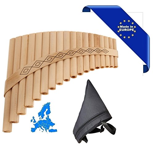 Flauto Di Pan Solist Contralto In Sol Made In Europe + Borsa 18 Canne Sol1-Do3 In Acero Forma Curva Ornamento Intagliato