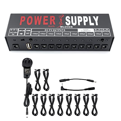 Musiclily Pro Alimentatore Pedale Chitarra 10 Uscite Isolate Con Porta Di Ricarica Usb E Adattatore Standard Eu Per 9V/12V/18V Pedali Effetto Pedal Po