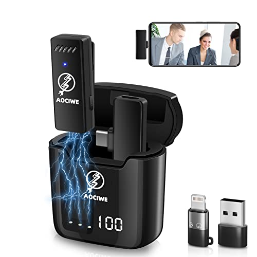Aociwe Microfono Wireless Lavalier – 2 Trasmettitori Microfono E 1 Ricevitore, Custodia Di Ricarica Per Display Digitale, Microfono Per Youtube Zoom E