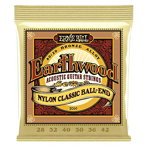 Ernie Ball, Earthwood Folk Nylon Clear And Gold Ball End, Corde Per Chitarra Acustica Con Estremità A Sfera, Bronzo 80/20, Diametro 28-42