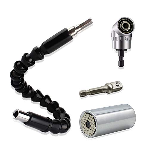 Set Di 3 Chiave A Bussola Universale 7-19Mm Adattatore Per Impugnatura, 105 Gradi Angolo Retto Trapano Allegato Codolo Esagonale 1/4", 300Mm Flessibil