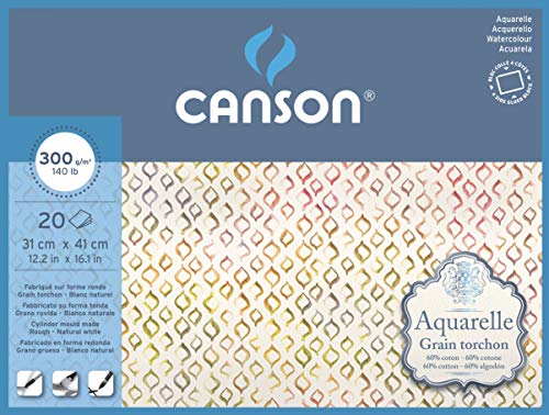 Canson Aquarelle , Blocco Per Acquerelli, Collati 4 Lati, 31 X 41 Cm, 20 Fogli 300G/M2 Grana Ruvida