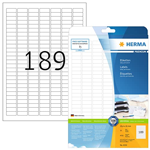Herma Etichette Universali, 25,4 X 10 Mm, Etichette Adesive A4 Per Stampante, 189 Etichette Per Foglio, Bianco