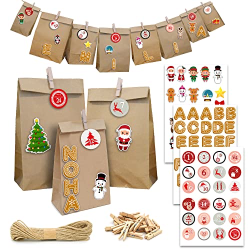 Dunedesign Set Xxl Con Nomi: Calendario Dell'Avvento Da Riempire - 24 Buste Regalo - 100 Stickers - 10M Ghirlanda - Sacchetti Carta Kraft Sacchetti Pe