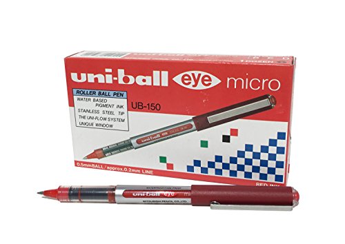 Penna Rollerball Ub-150 Eye Micro, Inchiostro Rosso Uni-Ball Super Ink, Pennino Da 0,5 Mm, Scatola Da 12 Pezzi