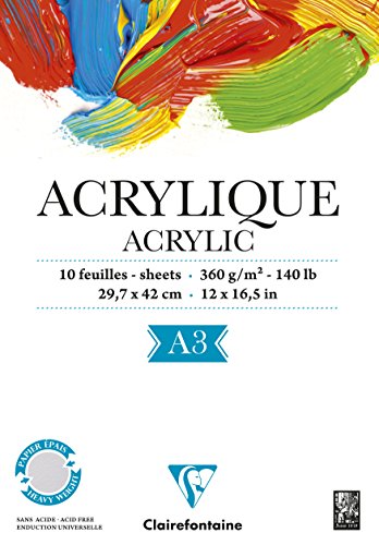 Clairefontaine 96309C - Blocco Incollato 1 Lato Carta Acrylique 10 Fogli 29.7X42 Cm 360 G, Bianca
