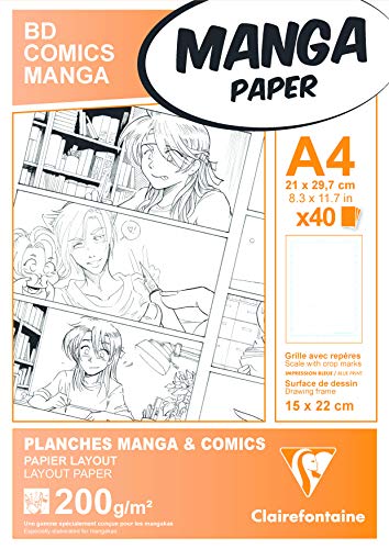 Clairefontaine 94047C - Pochette Manga Multi-Tecnica 40 Fogli Di Carta Da Disegno Layout 21X29.7 Cm 200 G Bianca, Griglia 6 Riquadri