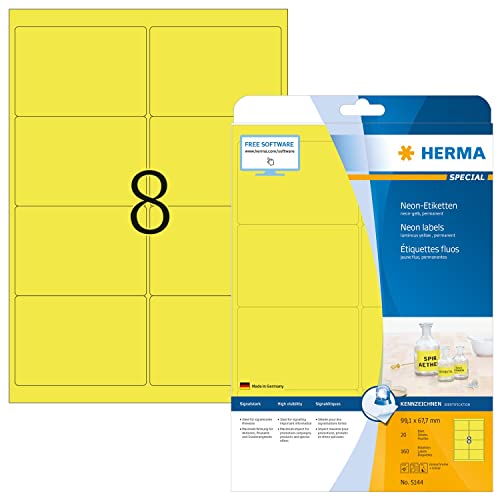 Herma Etichette Per Marcatura, 99,1 X 67,7 Mm, Etichette Adesive A4 Per Stampante, 8 Etichette Per Foglio, Giallo Neon