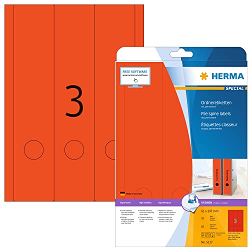 Herma Etichette Per Raccoglitori, 61 X 297 Mm, Etichette Adesive A4 Per Stampante, 3 Etichette Per Foglio, Rosso