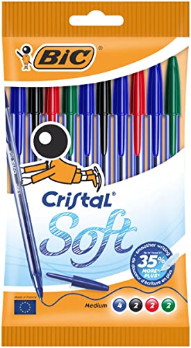 Bic Penne A Sfera, Cristal Soft, Punta Media, 1.2Mm, Colori Assortiti, Confezione Da 10 Penne, Fornitura Cancelleria Scuola