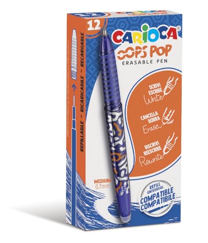 Carioca Penne Cancellabili Oops Pop Blu - 12 Pz | Set Penne Cancellabili Ricaricabili Per Scuola E Ufficio Con Cappuccio, Doppia Gomma E Impugnatura E