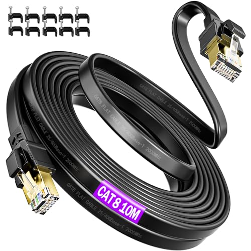 Soibke Cavo Ethernet 10 Metri, 40Gbps 2000Mhz Alta Velocità Cat 8 Cavo Lan 10 Metri Schermato Piatto Esterno Anti-Jamming Cavo Internet 10M Filo Ether
