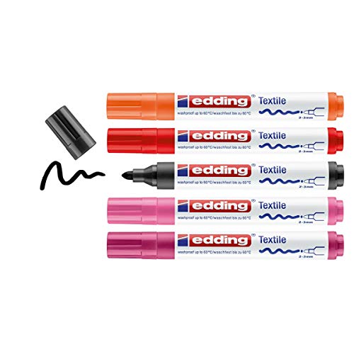 Edding 4500 Marcatori Per Tessuti, Set 5 Pz., Colori Caldi (Nero, Rosso, Arancio, Rosa, Carminio), Tratto 2-3 Mm