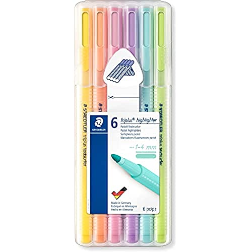 Staedtler - Evidenziatori Triplus Highlighter, A Punta Conica Da 1-4 Mm, Colori Pastello, Custodia Con Cavalletto, 6 Evidenziatori Assortiti, 362 Csb6