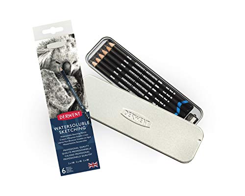 Derwent Watersoluble Set Di 6 Matite Acquerellabili, 2 X Hb, 2 X 4B, 2 X 8B, 1 X Temperino E 1 X Astuccio In Metallo, Ottimale Per Schizzi, Qualità Pr