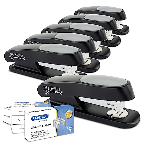 Rapesco 1734 Confezione Business: 6 Pinzatrici Germ-Savvy Antibatterico Eco Sting Ray, Capacità 20 Fogli, E 6 Scatole Da 1000 Punti 24/6 Mm, Nero