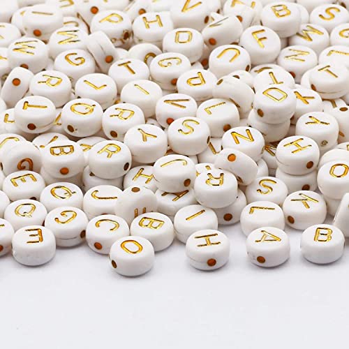 Dahi 2000 Pezzi Perline Alfabeto Bianche Con Lettere Oro 7Mm Perline Lettere A-Z Per Braccialetti Collane Fai Da Te