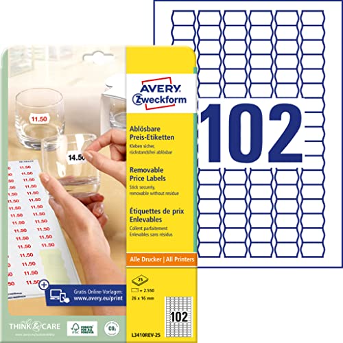 Avery Italia L3410Rev-25 Etichette Rimovibili Per Prezzi, 102 Pezzi Per Foglio, 25 Fogli, 26 X 16