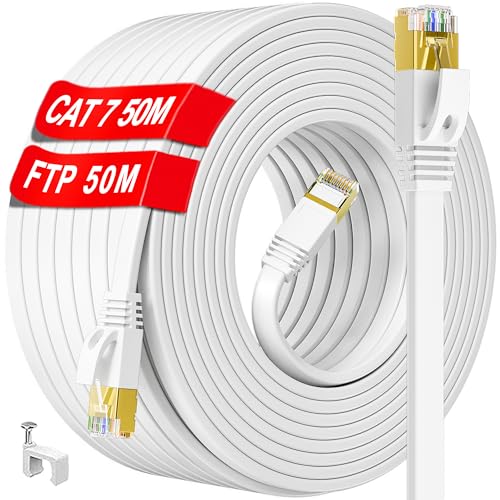 Cavo Ethernet Cat 7 Da 50 Metri, Esterno Interno Schermato Cavo Lan Piatto, Alta Velocità Cavo Di Rete 10Gbps 600Mhz Bianco Rj45 Cavo Internet Ftp, Lu
