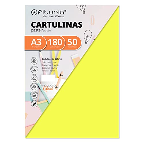 Ofituria Fab-16557 Pack De 50 Cartulinas Coloramarillo Tamaño A3, 180 G
