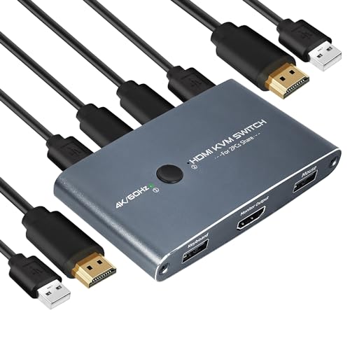 Hdmi Kvm Switch 2 Porte 4K 60Hz, Commutator Hdmi In Alluminio, Switch Kvm Usb Hdmi Per 2 Pc Condividere 1 Monitor Hd E Tastiera, Mouse, Stampante, U-D