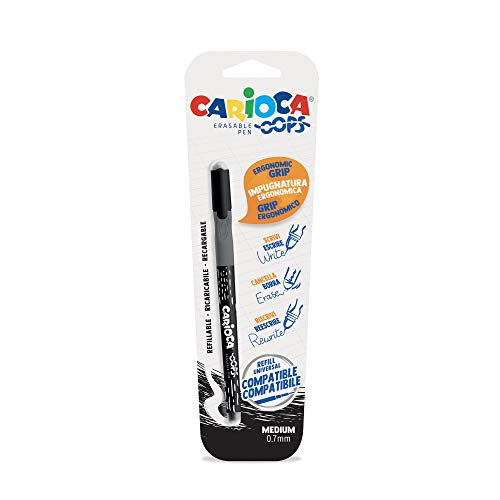 Carioca Oops Penna Nera, Penna Cancellabile Ricaricabile Per Scuola E Ufficio Con Cappuccio, Doppia Gomma E Impugnatura Ergonomica, Colore Nero, 1 Pez