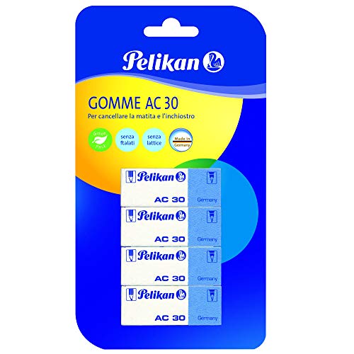 Pelikan Gomme Da Cancellare, Ac 30, Bianca Blu, Confezione Da 4 Pezzi, Per Matita E Inchiostro, Senza Lattice E Ftalati, Prodotto In Germania