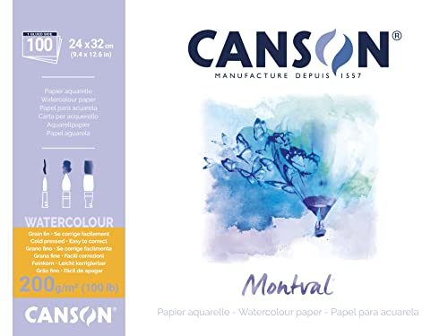 Canson Montval - Blocco Per Acquerello, Guazzo, Acrilico, Collato Lato Lungo 24 X 32 Cm, 100 Fogli, 300 G/M² Grana Fine