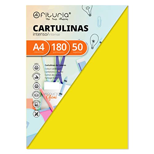 Pack 50 Cartulinas Color Amarillo Fuerte Tamaño A4 180G