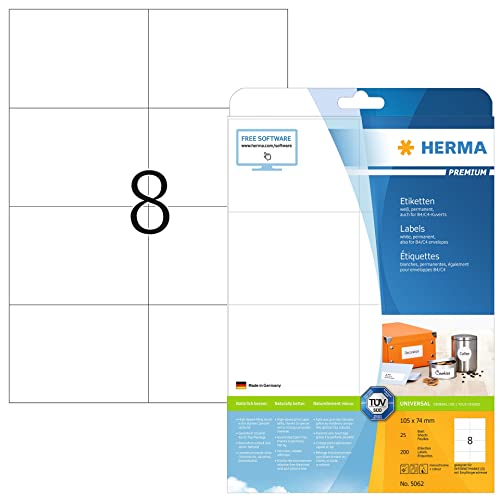 Herma Etichette Universali, 105 X 74 Mm, Etichette Adesive A4 Per Stampante, 8 Etichette Per Foglio, Bianco