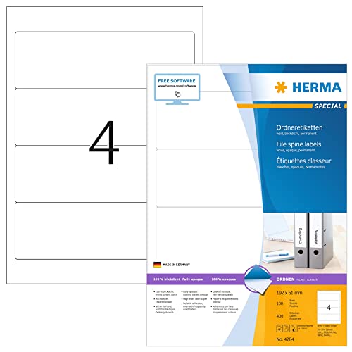 Herma Etichette Per Raccoglitori, 192 X 61 Mm, Etichette Adesive A4 Per Stampante, 4 Etichette Per Foglio, Bianco