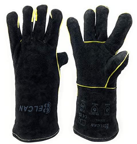 Elcan Guanti Da Saldatura Professionali In Pelle Nera Per Impieghi Gravosi, Ignifughi, Resistenti Al Calore, Per Saldatura Ad Elettrodo, Tig, Mig, Mag