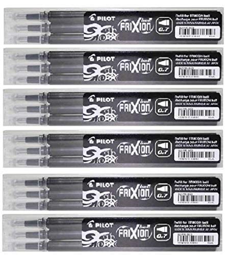 Pilot Negro Frixion Clicker Retráctil Fino Punta Redonda Borrable, Recambios Para Bolígrafos Tinta Bls-Fr7 (Paquete De 6 - 18 Repuestos) (Bls-Fr7-B-S3
