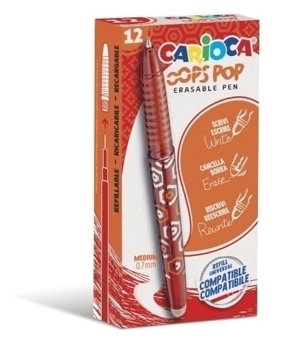 Carioca Penne Cancellabili Oops Pop Rosso- 12 Pz | Set Penne Cancellabili Ricaricabili Per Scuola E Ufficio Con Cappuccio, Doppia Gomma E Impugnatura
