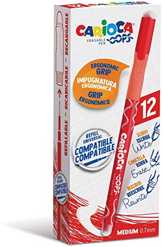 Carioca Oops Penne Rosse| Set Penne Cancellabili Ricaricabili Per Scuola E Ufficio Con Cappuccio, Doppia Gomma E Impugnatura Ergonomica, Penne Rosse,