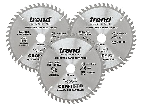 Trend Confezione Tripla Di Lame Circolari Craftpro Tct, Diametro 160 Mm X 48 Denti X Foro 20 Mm, Punta In Carburo Di Tungsteno, Csb/160/3Pk, Confezion