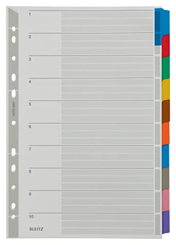 Leitz Divisori Per Raccoglitori Con 10 Tasti, Formato A4, Tasti Colorati E Banda Perforata Con Rinforzo In Plastica Mylar, Cartoncino Robusto, Grigio,