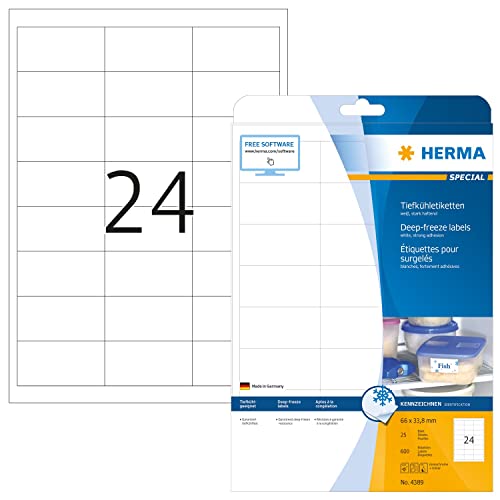Herma Etichette Per Surgelati, 66 X 33,8 Mm, Etichette Adesive A4 Per Stampante, 24 Etichette Per Foglio, Bianco